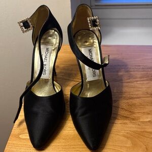 Michael Kors Black Satin Heels with Embellished Buckle
